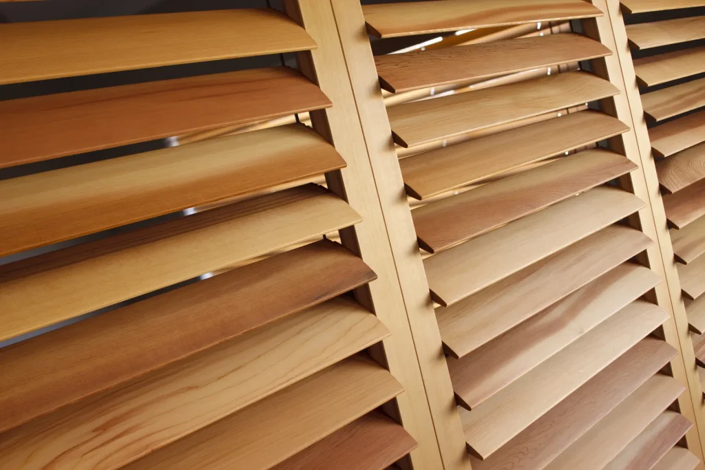 Close up picture of wooden blinds.