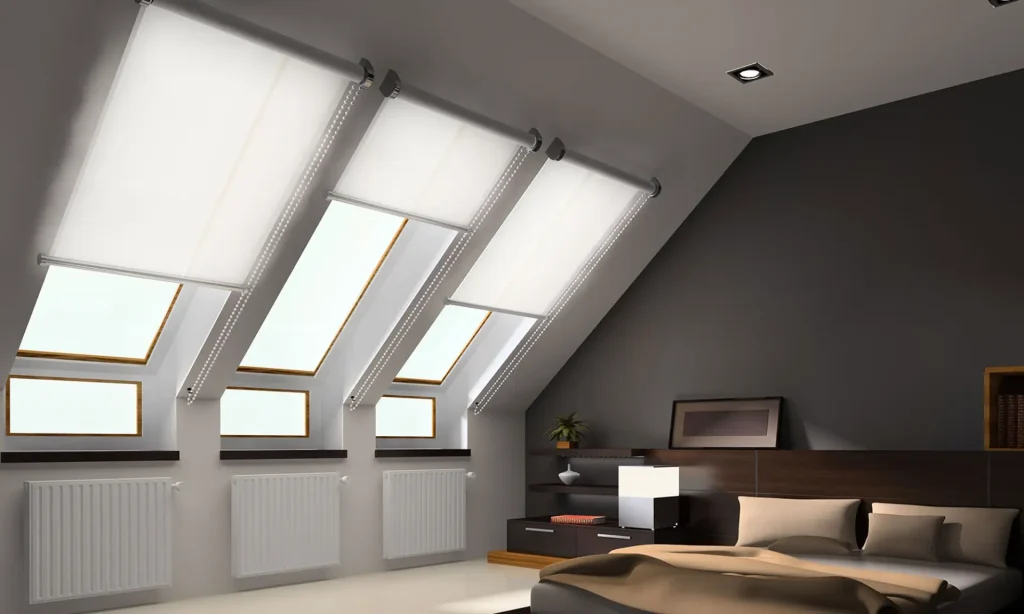 Roller blinds fitted to roof windows.